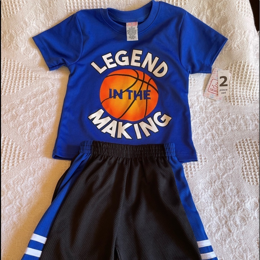 New, Swiggles brand, summer short set with basket ball on front.